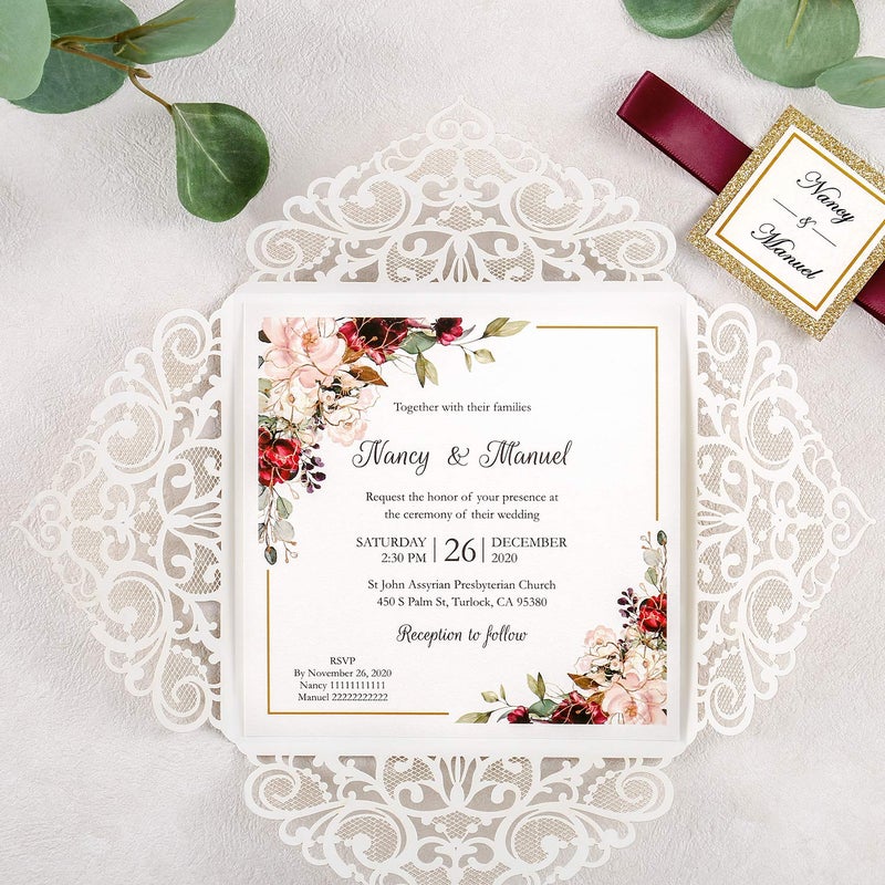 DreamBuilt 6.3 X 6.3 Inch 50PCS Blank Dark Gold Glitter Laser Cut Wedding Invitations With Envelopes Hollow Rose Pocket With Burgundy Ribbon Belly Band Wedding Invitation Cards For Wedding Invite - Image 4